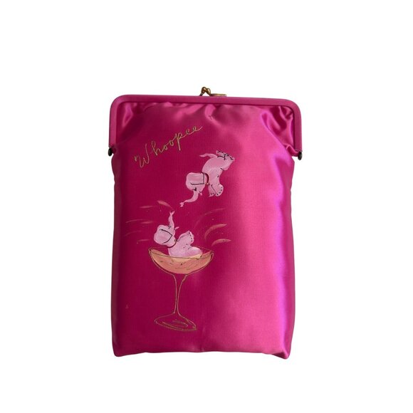 VINTAGE Pink Elephants Champagne Handpainted Satin Kisslock Liquor Purse Handbag - Picture 4 of 8